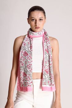 Made with 100% cotton, the Sabrina wildflower motif stole features charming pink flowers and intricate fern prints, perfect for spring and summer. This stylish cotton scarf, with its pink border, is an ideal accessory for vibrant seasonal styles. Embrace the beauty of this floral cotton stole, perfect as a pink flower stole for any spring wardrobe.Fabric: 100% CottonFinish: MattePrint: Floral jaal print Length: 71 inchesWidth: 21 inches Wash Care: Dry clean only Pink Floral Print Cotton Dupatta, Pink Floral Cotton Dupatta, Bohemian Cotton Scarf With Floral Print, Bohemian Cotton Scarves With Floral Print, Pink Silk Shawl For Spring, Pink Bohemian Cotton Scarves, Bohemian Cotton Shawl For Spring, Pink Bohemian Cotton Scarf, Pink Shawl Scarf For Spring