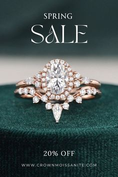 an engagement ring with diamonds on it and the words spring sale written in white lettering