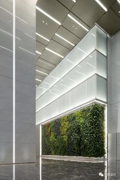 the inside of an office building with plants growing on the wall