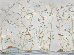 a wall with birds and flowers on it