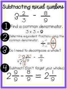 the subtracting mixed numbers worksheet is shown in purple and black, with three