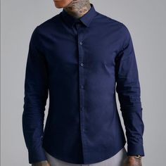 New Boohoo Man Button Up Shirt. Navy Blue In Color. Size Xs Or 34-36 Blue Slim Fit Button-up Shirt, Blue Slim Fit Shirt With Button Closure, Blue Slim Fit Shirt With Buttons, Slim Fit Blue Shirt With Buttons, Blue Slim Fit Shirt, Blue Fitted Shirt With Button Closure, Fitted Blue Shirt With Button Closure, Blue Slim Fit Button-up Top, Navy Slim Fit Collared Top