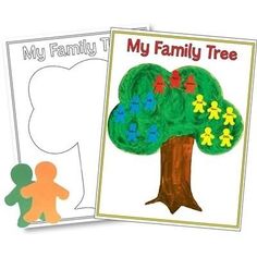 two children's books about the family tree with pictures of people and trees on them