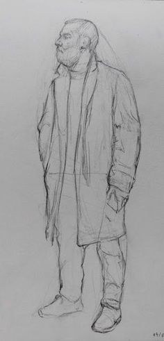 a drawing of a man standing with his hands in his pockets and looking off to the side