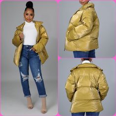 This Shine Bomber Jacket Features, A Non-Stretch Fabric, Mock Neckline, Long Sleeves, Side Jackets, Underlined, Finished With Front Zipper Closure. 100% Nylon Hand Wash Cold Water Do Not Bleach Trendy Gold Outerwear For Fall, Casual Gold Outerwear For Winter, Gold Hooded Winter Outerwear, Long Sleeve Nylon Puffer Jacket With Pockets, Patagonia Radalie Jacket, Super Puff Shorty, Nylon Puffer Jacket With Zipper Closure, Long Sleeve Nylon Puffer Jacket With Ykk Zipper, Yellow Long Sleeve Puffer Outerwear