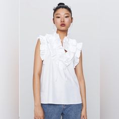 Zara Ruffled Poplin Shirt Never Worn! Size (Small) Color: White Casual White Poplin Tops, Spring Poplin Shirt With Short Sleeves, Spring Short Sleeve Poplin Shirt, White Poplin Shirt For Summer, White Casual Poplin Blouse, Elegant Summer Shirt With Ruffles, Elegant Ruffled Shirt For Summer, Elegant Ruffled Summer Shirt, Short Sleeve Poplin Blouse For Spring