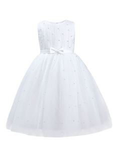 white tulle netting satin trim faux-pearl embellishment ruched detailing round neck concealed rear zip fastening rear bow fastening sleeveless fitted waistline flared skirt Embellished Sleeveless Dress For Dress-up, White Tulle Sleeveless Dress For Dress-up, Elegant Embellished Sleeveless Princess Dress, Elegant Sleeveless Embellished Princess Dress, Elegant Embellished Tutu Dress For Dress-up, Embellished Tulle Dress For Dress-up, Elegant Sleeveless First Communion Dress, Elegant Sleeveless Tulle First Communion Dress, Elegant Sleeveless Tulle Dress For Dress-up