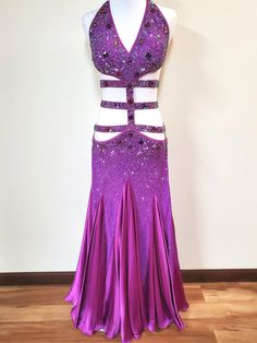 Fitted Purple Dance Dress, Fitted Purple Dress For Dance, Purple Fitted Dress For Ballroom, Multiple Belts, Dore Designs, Ballroom Standard Dress, Ballroom Dance Dress, Salsa Dress, Ballroom Dresses