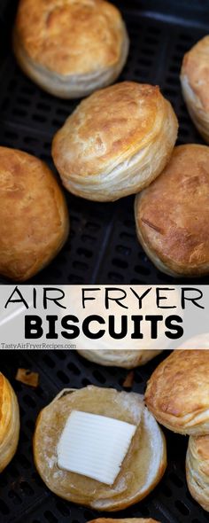 an air fryer with biscuits and butter on it