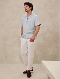 Lyam Silk Resort Shirt | Banana Republic Coastal Outfits Men, Palm Springs Outfit Men, Men Short Sleeve Button Up Outfit, Lunch Outfit Summer, Thursday Dinner, Summer Cocktail Attire, Resort Wear Men, Engagement Outfits Summer, Linen Shirt Outfit