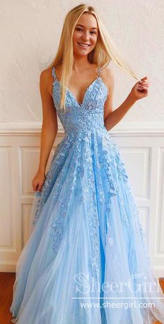 Spaghetti Straps applique prom dresses.Prom Dresses 2019,long Prom Dresses #eveningdresses #eveninggowns #formaleveningdresses #promdresses #graduationparty #promdresseslong #promdresseslace #prom #promgown #quinceanera #promdress2019 #prom2k19 #sheergirl Gaun Tulle, Blue Lace Prom Dress, Sky Blue Prom Dress, Light Blue Prom Dress, Prom Dresses Long Lace, Spaghetti Strap Prom Dress, 파티 드레스, V Neck Prom Dresses, Tulle Bridesmaid Dress