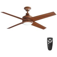 a ceiling fan and remote control on a white background with an image of a wooden ceiling fan