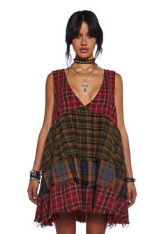 Current Mood Grunge Tiered Mixed Plaid Raw Hem Babydoll Dress - Multi Halloween Sweater Dress, Crochet Babydoll Dress Pattern, Fall Fashion Mom Casual, Styling A Velvet Dress, Plaid Fall Dress, Soft Grunge Dress, Modern Western Clothing, Cute Babydoll Dress, Plus Size Babydoll Dress