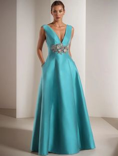 Corte A Trajes de gala Elegante Vestido Formal Fiesta de baile Hasta el Suelo Sin Mangas Escote en Pico Bolsillo Satén con Apliques 2024 2024 - €145.99 Cheap Prom Dresses Online, Celebrity Style Dresses, Prom Dresses Elegant, Cheap Evening Dresses, Dresses Formal Elegant, A Line Prom Dresses, Prom Dresses Online