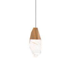 a wooden and glass light hanging from a ceiling