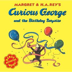 a book cover for curious george and the birthday surprise