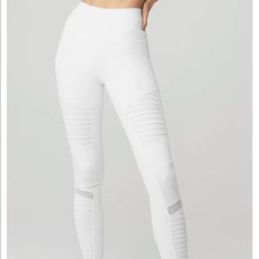 Alo High-Waist Moto Legging White Size Xs New Without Tags Our All-Star, Street-Ready Moto Gets An On-Trend Update In Our Patented High-Waist Moto Legging. It’s The Lifting Fit, Contouring Mixed Matte/Shine Fabric And Forward Mesh Panels Of The Original, Now With A Hold-It-In Five-Inch Waistband. Om-Azing. Alo Yoga Fitted High Waist Activewear, Alo Yoga High Waist Fitted Activewear, Sporty High-waist Activewear By Alo Yoga, Alo Yoga Fitted Workout Pants, Alo Yoga Sporty High-waist Activewear, Sporty High Waist Alo Yoga Activewear, Alo Yoga Sporty High Waist Activewear, Alo Yoga Fitted Workout Bottoms, Fitted Alo Yoga Workout Bottoms