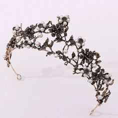 Vintage baroque purple dark leaf crown woodland princess goth queen diadem tiara Black Flower Crown, Pearl Headpiece Wedding, Baroque Wedding, Gothic Crown, Brides Hair, Handmade Tiaras, Wedding Headwear, Floral Tiara, Luxury Hair Accessories