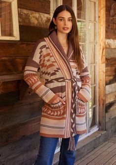 A unique Southwestern-style mid-length cardigan with a braided belt. Designed in LA! Click to shop for more affordable boho cardigans! Southwestern Brown Outerwear For Fall, Southwestern Style Brown Outerwear For Fall, Bohemian Brown Sweater Coat For Fall, Bohemian Brown Long Sleeve Sweater Coat, Statement Cardigan, Bohemian Cardigan, Affordable Boho, Warm Shawl, Fall Cardigan