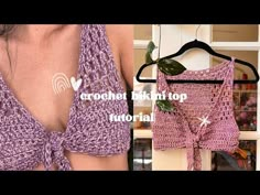 a crochet top is hanging on a hanger next to a photo of a woman's bra