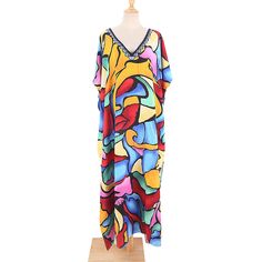 Multicolor Graffiti Loose Beach Kimono Dress Summer Multicolor V-neck Maxi Dress, V-neck Beach Dress With Abstract Print, Multicolor Abstract Print V-neck Maxi Dress, Multicolor V-neck Beach Dress With Floral Print, Colorful V-neck Beach Dress, Multicolor V-neck Maxi Dress For Beach, Multicolor Print V-neck Beach Dress, Colorful V-neck Vacation Dress, Multicolor V-neck Beach Dress For Vacation