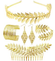 PRICES MAY VARY. VALUE PACK: Set Includes 1pcs Greek Leaf Headband, 1pcs Upper Arm Band Cuff, 1pcs Coil Bracelet, A Pair Of Leaf Dangle Earrings And 1pcs Laurel Leaf Comb. Elegant Greek Goddess Accessories For Your Cosplay Needs. QUALITY MATERIALS: The Greek Goddess Jewelry Is Made Of Quality Alloy With 14k Gold Plating And Has A Good Shine. Lightweight And Durable, Giving You A Comfortable Wearing Experience. They Can Be Gently Bent To Adjust To Fit Your Skin Perfectly. ELEGANT & CLASSIC: The G Gold Headband Jewelry Gift, Gold Headband Hair Accessories For Gifts, Adjustable Gold Hair Accessories For Gifts, Adjustable Gold Hair Accessories As Gift, Goddess Costume Accessories, Goddess Accessories, Greek Hair, Upper Arm Bracelet, Leaf Headband