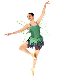 a woman in a green and purple costume is doing a ballet move with her arms outstretched