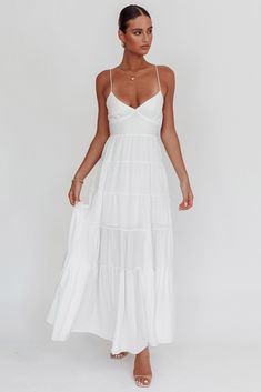 Main Attraction Cami Strap Maxi Dress White by Selfie Leslie White Grad Dress Long, Senior Pic Dresses, White Long Summer Dress, Simple White Maxi Dress, White Sundress Long, White Dress Maxi, White Dress Aesthetic, Dinner Attire, Long White Dresses