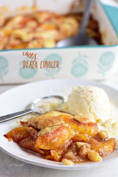 a white plate topped with ice cream next to a dish filled with peach cobbler