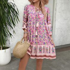 High Quality Hot Selling Luxury Women's Clothing 2024 Loose Casual V-neck Lace Up Bohemian Print Bohemian Print Dress, Bohemian Pattern, Flower Skirt, Bohemian Print, Skirt For Women, Dress 2024, Necklines For Dresses, Casual Lace, Printed Dress