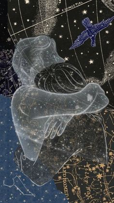 an image of a woman in the sky with stars on her back and a bird flying over her head