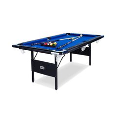 a blue pool table with cues and balls on it's legs, in front of a white background