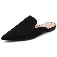 PRICES MAY VARY. Pointed Toe Flat Mules: Slide into comfort effortlessly with these slip-on mules designed for everyday wear. The pointed, closed toe offers a spacious fit that perfectly blends ease and functionality. Comfort Slides: Smooth and soft material upper improves your wearing comfort. Comfort Insole: Slip-on mules feature a comfortable foam cushion with a raised insole. This not only provides pressure relief for your feet while walking but also ensures a secure grip, preventing any sli Black Slide On Shoes, White Mules, Moccasins Style, Black Slides, Flat Mules, Slip On Mules, Backless Design, Womens Mules, Comfortable Flats