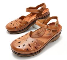 These stylish leather sandals feature a perforated floral pattern, for a fresh and fun look that pairs well with a flirty frock or a T-shirt and capris. From Pikolinos. Beautiful Braided Hair, Closed Toe Sandals, Braided Hair, Toe Sandals, Jewelry Bags, Nice Shoes, Leather Sandals, Ankle Strap, Braided Hairstyles