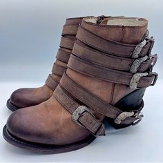 Handcrafted In Denver, Colorado Coveted Freebird All Leather Ankle Booties Conch Style Buckles Molds To Feet Catch The Gaze New Without Box Brown Boots With Heel Loop For Fall, Brown Fall Boots With Heel Loop, Brown Ankle Strap Heeled Boots With Reinforced Heel, Brown Ankle-high Moto Boots With Stacked Heel, Brown Closed Toe Heeled Boots With Buckle, Brown Ankle-high Boots With Heel Loop, Brown Closed Toe Heeled Boots With Buckle Closure, Brown Closed Toe Boots With Heel Loop, Brown Snip Toe Moto Boots With Stacked Heel