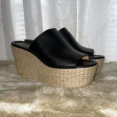 Save More, On Our Shop @ Http://Www.Opulentluxuryllc.Com , Plus Free Shipping Across Us 100% Authentic Mk Footwear New And In Excellent Condition. Never Worn. Never Used. 2-3/4” Espadrille Heel Open-Toe Espadrille Platform Wedge Wide Strap Sandal In Black Leather And Rubber Sole Elegant Slip-on Heels With Woven Sole, Elegant Flat Heels With Woven Sole, Elegant Wedge Heel Espadrilles With Woven Sole, Chic Platform Espadrilles With Round Toe, Chic Synthetic Wedge Heel Espadrilles, Elegant Platform Heels For Vacation, Luxury Wedge Sandals With Removable Insole, Chic Wedge Sandals With Woven Sole And Round Toe, Chic High Heel Espadrilles With Woven Sole