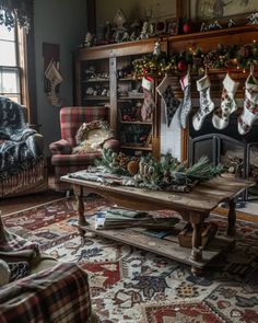 a living room filled with furniture and christmas decorations