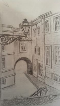 a pencil drawing of an entrance to a building with a lamp on the top and below it