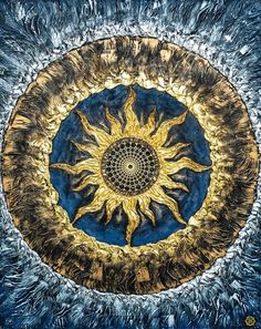 an abstract painting of a sun surrounded by blue and gold feathers, with the center section showing