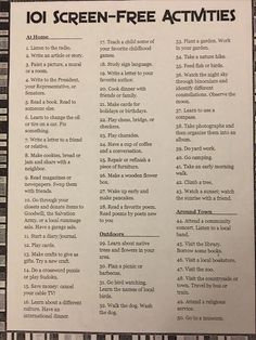 the screen - free activities list for kids is shown in black and white, with text