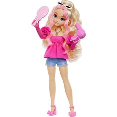 a barbie doll with blonde hair holding a pink tennis racket