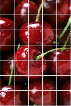 several images of cherries with water droplets on them, all in different sizes and shapes