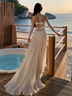 Olivia Mark - White Beach Maxi Dress with Open Back and Flowy Chiffon Train - Perfect for Coastal Vacations and Travel Photoshoots Fairycore Dresses, Summer Fairy, Strap Dresses, Dress With Open Back, Autumn 2023, White Beach, Kawaii Dress, Beach Maxi Dress, Maxi Robes