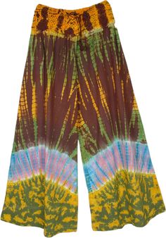 A fun printed tie-dye pattern wide leg palazzo pants with a twist- a beautiful crochet yoke.  These pants are unique and fun; the soft fabric feels comfortable and the flattering fit looks very elegant, yet hippie. #tlb #SplitSkirtsPants #TieDye #bohemianfashion #Handmade 70s Tie Dye Outfit, Diy Hippie Clothes, Hippie Top, Class Outfits, Tie Dye Hippie, Crochet Yoke, Hippie Crochet, Wide Leg Palazzo Pants, Hippie Pants