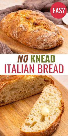 no knead italian bread on a cutting board with text overlay that says easy