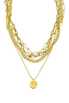 Add on-trend glamour to your outfit with this stylishly layered necklace.- 14K yellow gold plated layered pebbled charm necklace- Lobster clasp- Approx. 15-18" length- Imported 14K yellow gold plated brass, crystal Gold Crystal Necklace With Delicate Chain For Parties, Trendy Layered Gold Jewelry, Trendy Gold Layered Jewelry, Elegant Gold Crystal Necklaces For Layering, Elegant Gold Crystal Necklace For Layering, Gold Metal Crystal Necklace With Chain, Trendy Gold Multi-strand Necklace, Gold Multi-strand Crystal Party Necklaces, Gold Multi-strand Crystal Necklace For Party