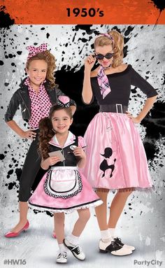 three girls dressed in costumes from 1950's and 1950s's, posing for the camera