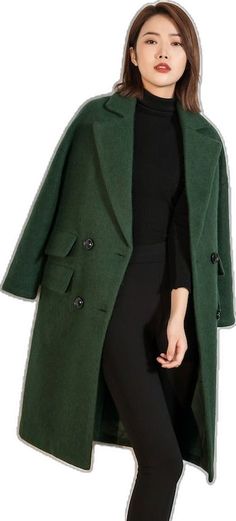 Casual Long Solid Wool Coat, Casual Long Solid Color Wool Coat, Casual Long Wool Coat Solid Color, Casual Long Wool Coat In Solid Color, Casual Green Long Pea Coat, Green Wool Coat With Pockets For Fall, Casual Green Double-breasted Outerwear, Green Double-breasted Outerwear With Pockets, Oversized Casual Pea Coat