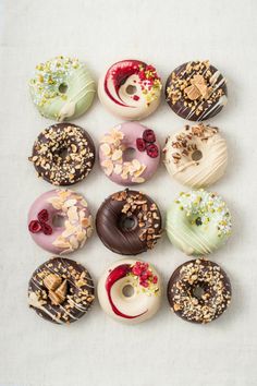 twelve donuts with different toppings are arranged in a circle on a white surface