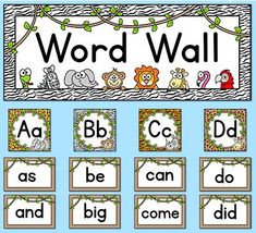 a jungle word wall with animals and letters